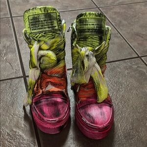 Pink and Green Lace Up Boots with Bold Design